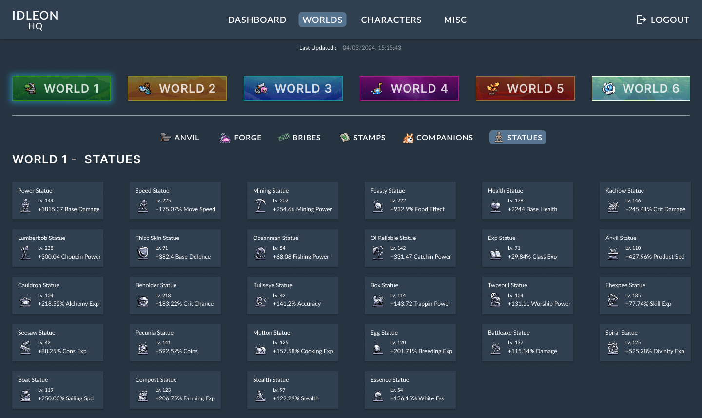 Design frame of the statues skill for world 1